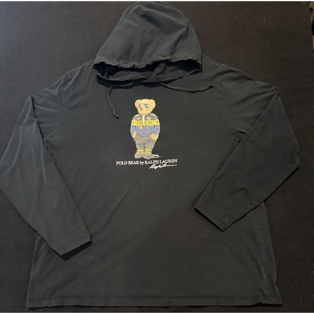 POLO RALPH LAUREN MEN'S RACING BEAR BLACK LONG SLEEVE T SHIRT HOODIE SZ XXL